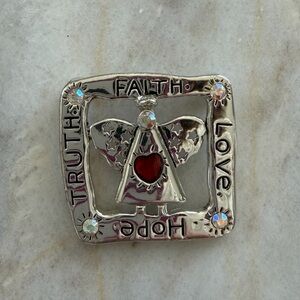 Faith, Hope, Love, Truth. Inspirational Silver Angel Brooch with Red Heart